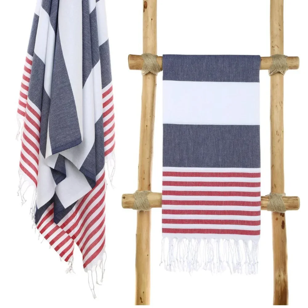 Striped Blue and Red Cotton Bath Towel with Fringe